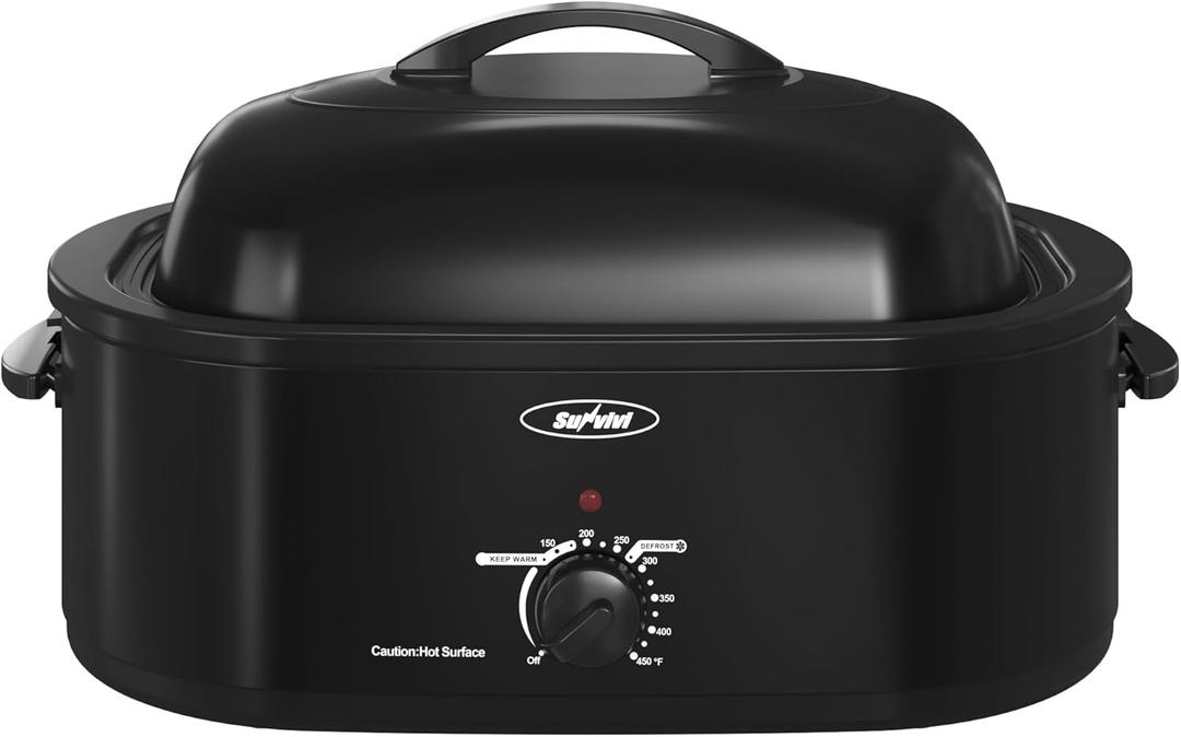 Sunvivi Roaster Oven with Self-Basting Lid,20 Quart Electric Roaster with Removable Pan & Rack,150-450F Full-Range Temperature Control with Defrost/Warm Function,Stainless Steel,Black (20QT)