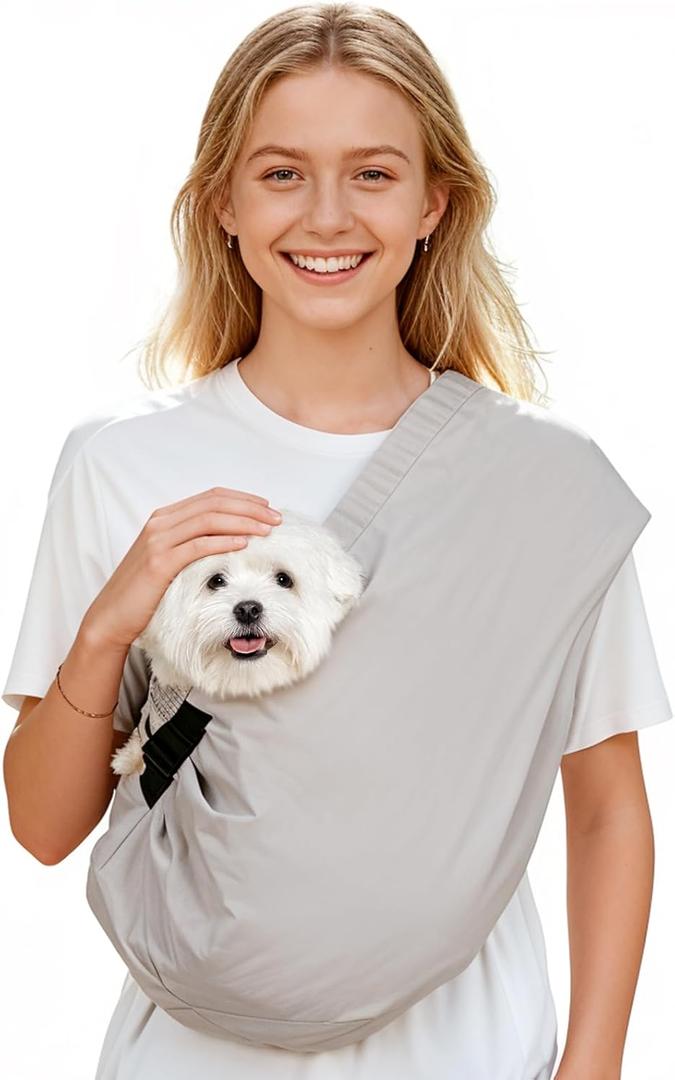 Dog Carrier Sling for Small Dogs Cats- Hands Free Pet Sling Carrier with Mesh Lining Pocket & Safety Hook, Adjustable Cat Dog Front Carrier for Travel, Daily Walk, Outdoor,Grey L