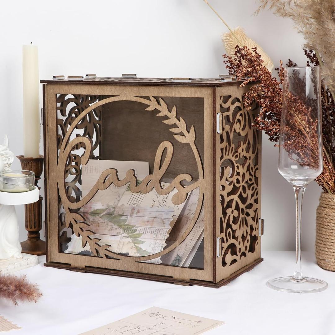 Wooden Wedding Card Box for Reception, Rustic Gift Card Box Holder with Slot and Acrylic Window, Vintage Envelope Money Card Box for Wedding Graduation Party Birthday Baby Shower Decorations