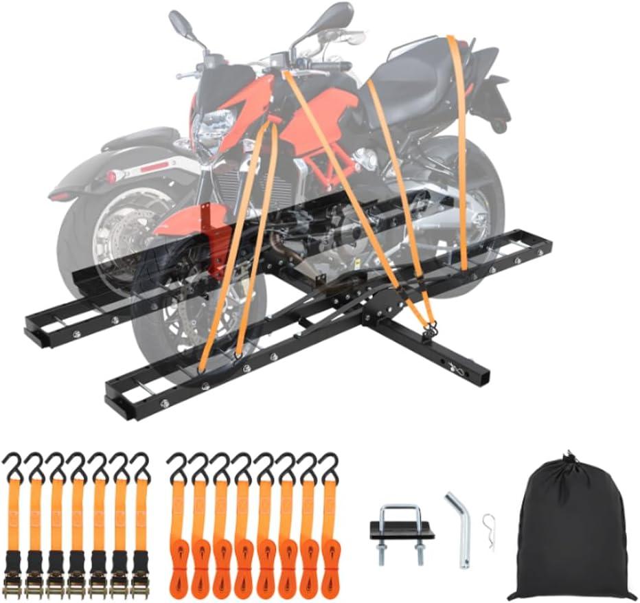 Steel Dirt Bike Hitch Hauler for Two Motorcycle, Dual Motorcycle Hitch Carrier with Ramp, Ratchet Straps & Stabilizer for E-Bikes, Mountain Bikes,
