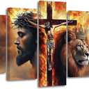 ZSHARTSWD Lion of Judah Cross Canvas Wall Art 5 Piece Jesus and Lion Pictures Christian Cross Painting Print Religious Artwork for Church Office Decor Framed (8x14inx2 8x18inx2 8x22inx1)