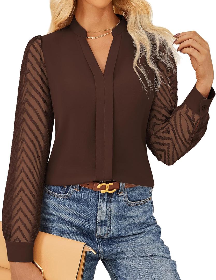 GRACE KARIN Women Business Casual Tops Sheer Lace Long Sleeve Blouses Work Office Pleated V Neck Shirt Fall Formal Outfits (Brown), Medium
