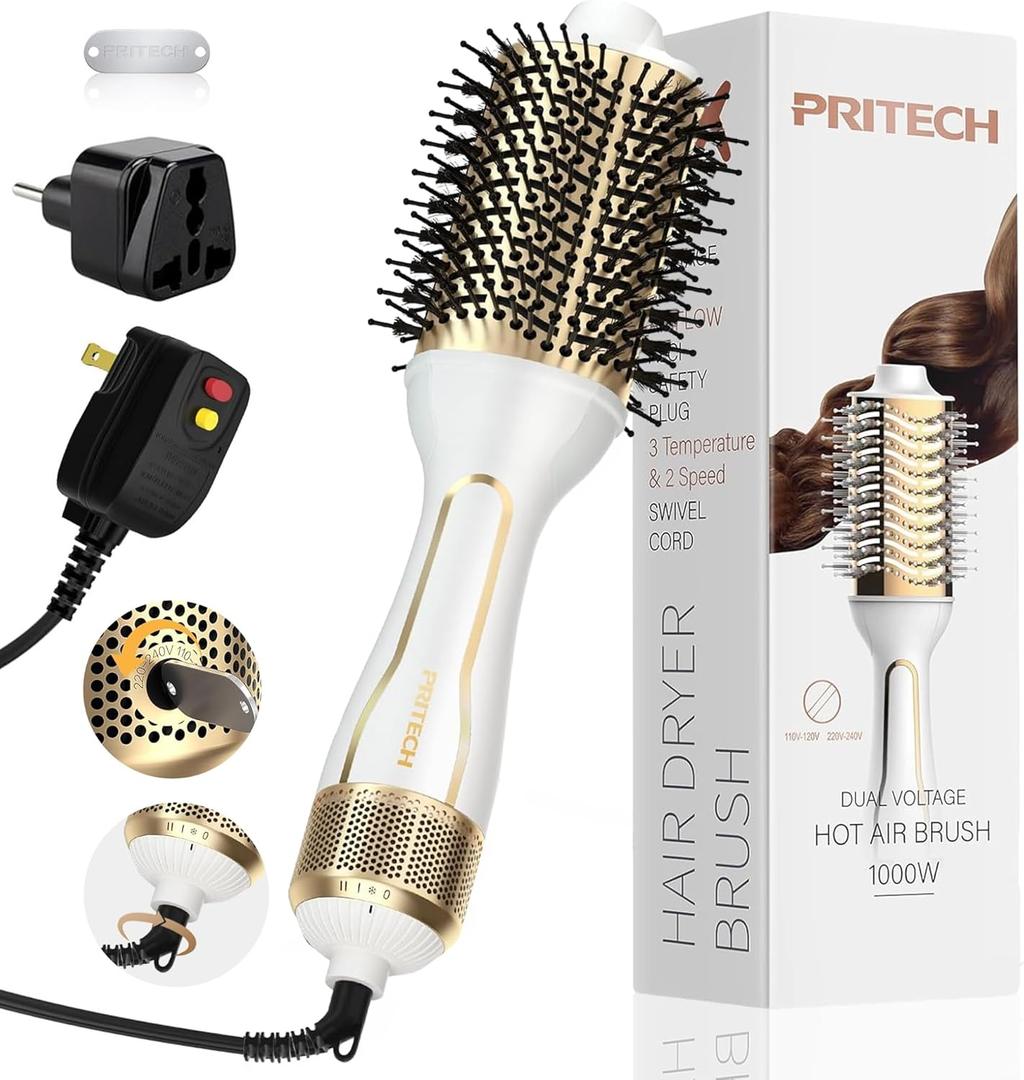 PRITECH 1000W Dual Voltage Ceramic Ionic Hair Dryer Brush,4-in-1 Hot Air Styler & One Step Volumizer for Straight & Curly Hair Salon (110-120V/220-240V),Platinum