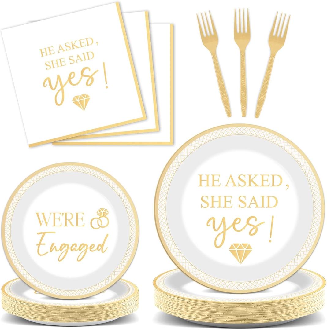 96Pcs Happy Engagement Party Supplies Engagement Paper Plates Napkins She Said Yes Party Tableware Set She Said Yes Disposable Dinnerware for Wedding Birthday Party Bridal Shower Decoration Serve 24