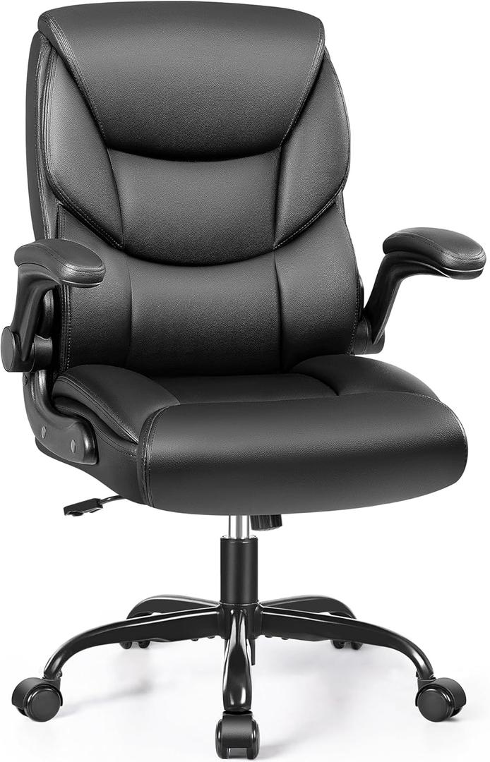 FelixKing Leather Office Chair - Small PU Ergonomic Desk Chair, Comfy Computer Chair with Wheels and Flip-up Armrests, Adjustable Height Mid Back Executive Office Chair for Short People-Black