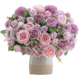 8 Pcs Mixed Artificial Peony Flowers Set-4 Bouquets & 4 Stems, Purple Fake Peony Rose Hydrangea Flower for Vase Silk Floral Arrangement for Table Centerpiece Wedding Party Bridal Decoration Home Decor
