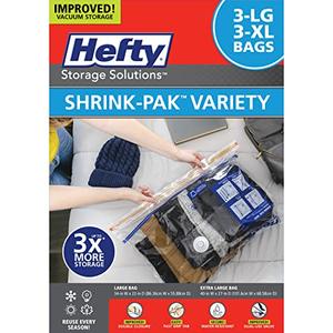 Hefty Shrink-Pak Vacuum Storage Bags - Space Saver for Under Bed Storage, Clothing and Comforters, Odor Resistant, 3X More Storage Space - 6 total Bags