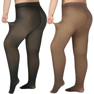 Delcast 2 Pairs Plus Size Fleece Lined Tights Women-Warm Fake Translucent Thermal Pantyhose Winter Sheer, XL