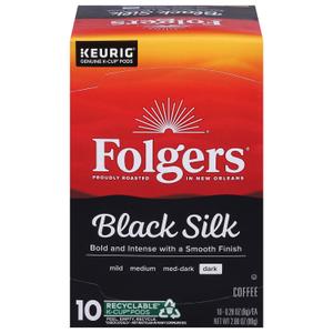 2 x  Folgers Black Silk, Dark Roast Coffee, Keurig K Cup Pods, 10 Count Box, Pack of 2, BBD Feb 08 2027