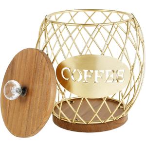 Coffee Pod Basket Holder Metal Coffee Pod Storage Basket with Dust Cover Hollow Design Coffee Pod Storage Container Large Capacity Sturdy Coffee Pod Organizer (golden)