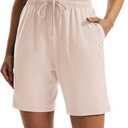 LUCKYCATCUS Women's 7" Bermuda Shorts Jersey Shorts with Pockets Workout Yoga Athletic Long Shorts for Women (Beige, XXL)