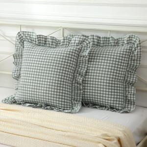 Mywinlle 2 Pack Vintage Green Plaid Ruffle Euro Shams,Washed Cotton Checkered Gingham Pillow Covers 26"x26" for Sofa,Couch,Bed and Living Room