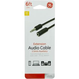 GE 6ft. 3.5mm Audio Cable Extension, Male-to-Female AUX Cord, Dual Shielded To Reduce Signal Loss, Great Aux Cable for Car, Smartphone, Tablet, Laptop, MP3 Player, Portable Speaker, Etc,Black, 33570