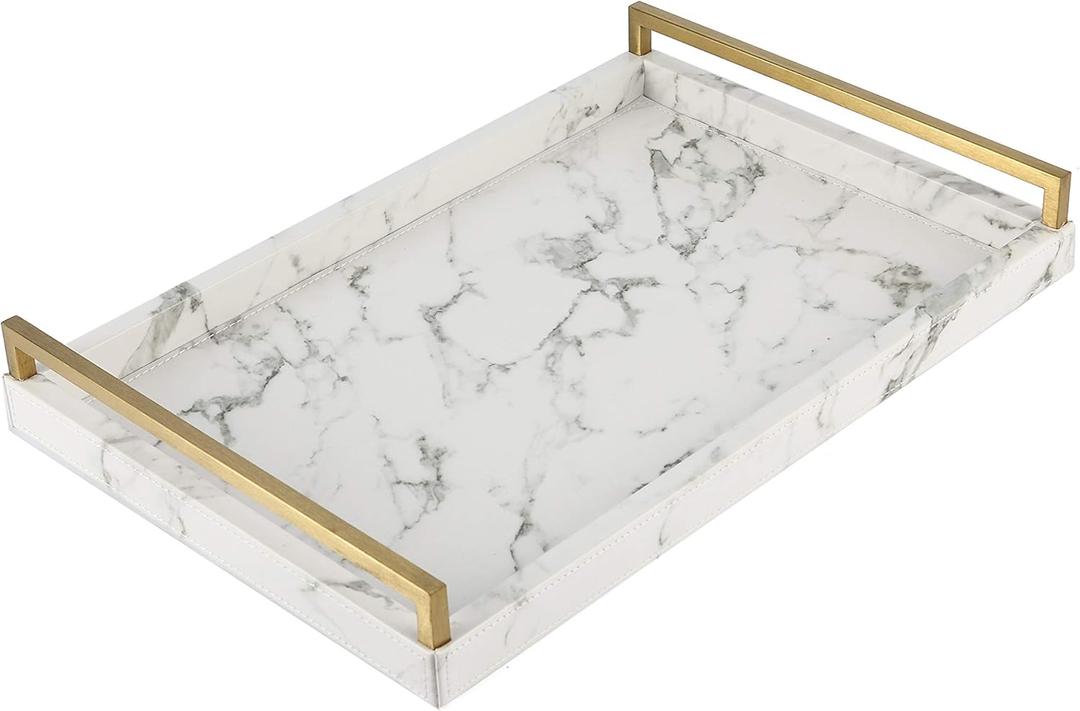 17.8 * 11.8" White PU Leather Marble Finish Decorative Tray Serving Tray with Brushed Gold Handle for Coffee Table, Console Table, Ottoman