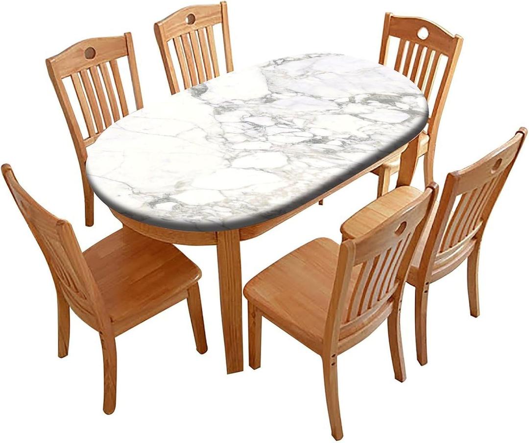 Fitted Oval Tablecloth with Elastic Edge, White Marble Lines Washable Wipeable Table Cover, for Indoor Holiday Family Banquet and Outdoor Patio Use, 68 inch x 48 inch