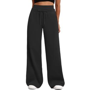 HeSaYep Women's Wide Leg Sweatpants Double Waisted Baggy Sweat Pants with Pockets (Large, Black)
