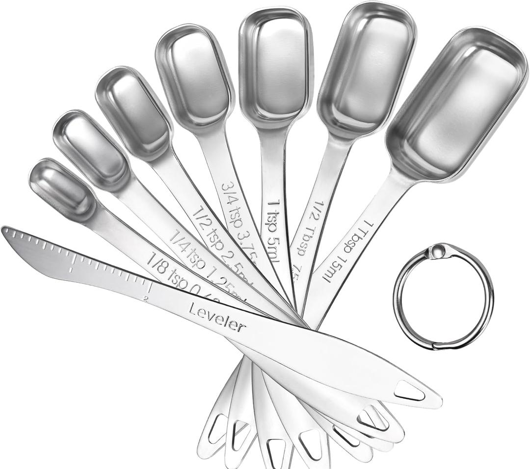 U-Taste Narrow Square Measuring Spoons: 18/8 Stainless Steel Kitchen Measure Teaspoon Tablespoon with Leveler, Polygon Rectangular Metal Jar Scoop for Baking Cooking, Coffee, Spice, Powder (Set of 8)