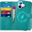 TUCCH Case Wallet for iPhone 16, [Detachable] [2 in 1] Stand RFID Blocking 4 Card Slots Wireless Charging Shockproof Case, PU Leather Magnetic Removable Flip Cover Compatible with iPhone 16, Cyan (Full Textured Cyan)