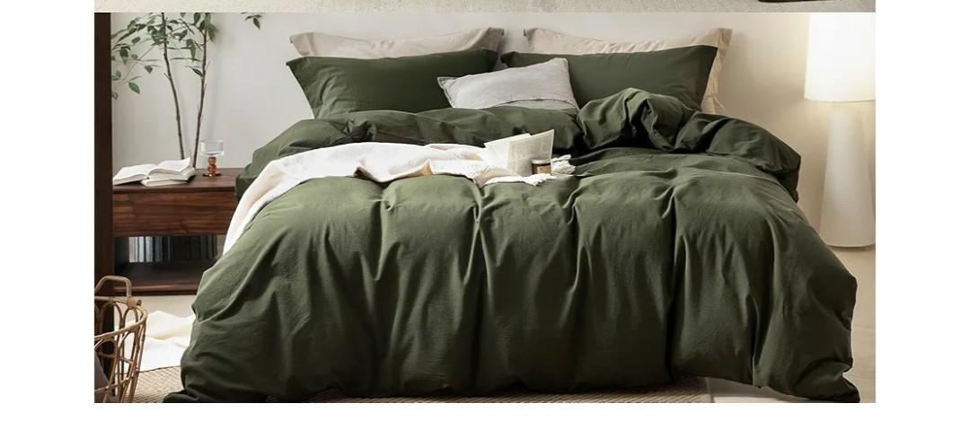 Linen Feel Olive Green Queen Size Bedding Cover Oeko Text Standard 100% Cotton Made Cover 1 Duvet Cover, 2 Pillowcases