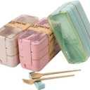 Rarapop 3 Pack Stackable Bento Box Adult Japanese Lunch Box Kit with Spoon & Fork, 3-In-1 Compartment Wheat Straw Meal Prep Containers (Green/Pink/Beige)
