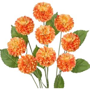 Hollyone 27.6" Orange Artificial Dahlia Flowers 3Pcs Fake Roses Bouquet Ball Dahlia Flower Arrangement Faux Pincushion Flower with 3 Heads Long Stem for Centerpiece Home Decor