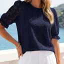 KIRUNDO Lace Tops for Women Trendy 2026 Eyelet Floral Summer Clothes Short Puff Sleeve Spring Blouse Cruise Vacation Outfits (Blue, S)