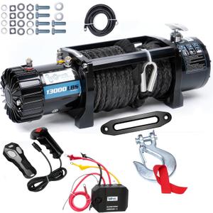 Electric Winch 13000 lbs ATV Winch 12V with Synthetic Rope and Hook Truck Winch with Hawse Fairlead Remote Control for Towing UTV SUV Off Road Vehicle