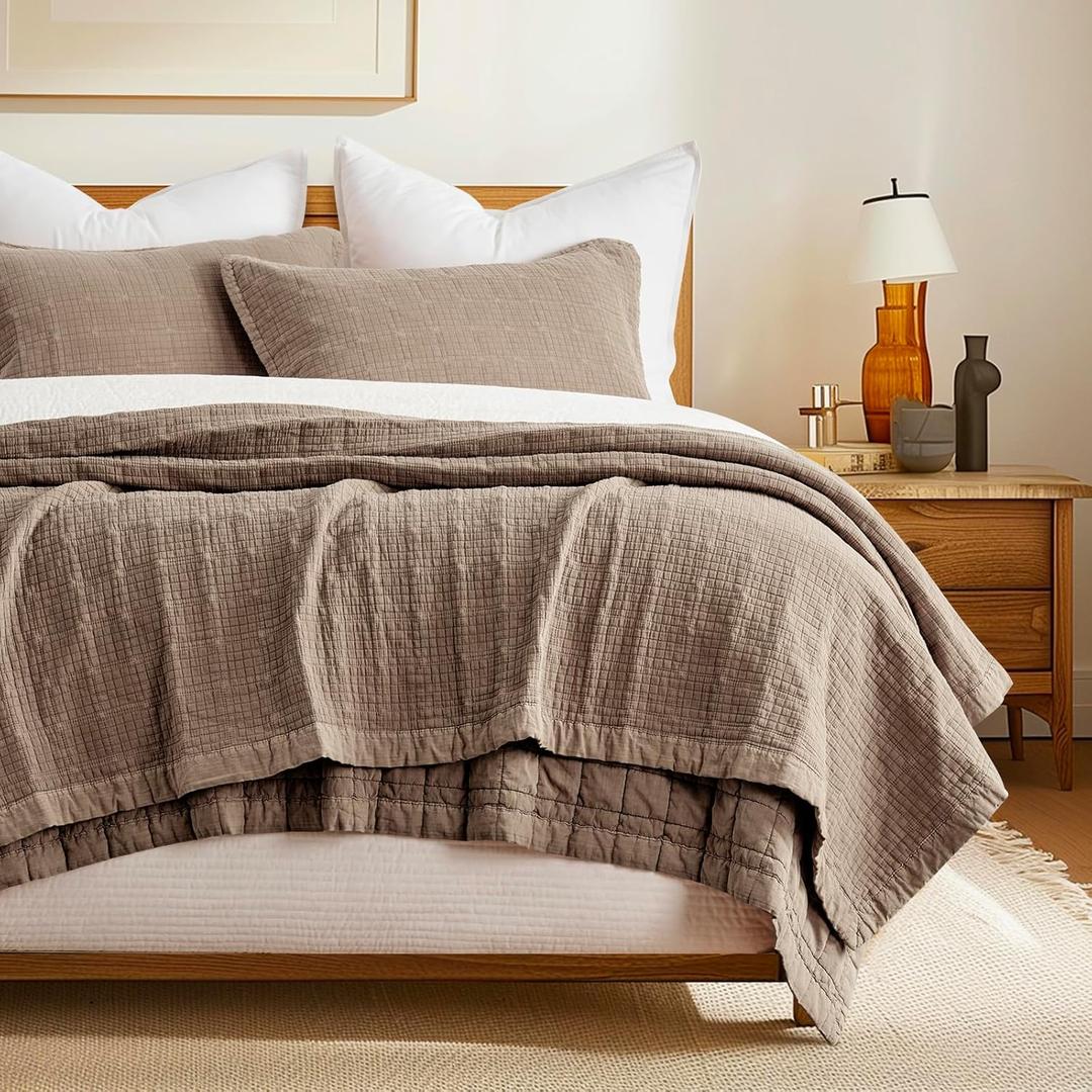 EVERGRACEHOME Stonewashed Cotton Quilt Set Full Queen Size, Ultra Soft Oversized Bedspread Coverlet Set, Lightweight Crinkle Box Stitch Bedding Sets for All Season, with 2 Shams, Mocha Brown