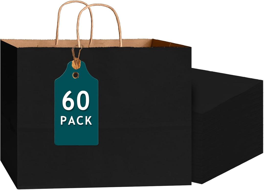 Bakepacker 60-Pack Wide Large Size Paper Bags With Handles Bulk 12.6"x4.3"x10" Black Party Kraft Shopping Bags