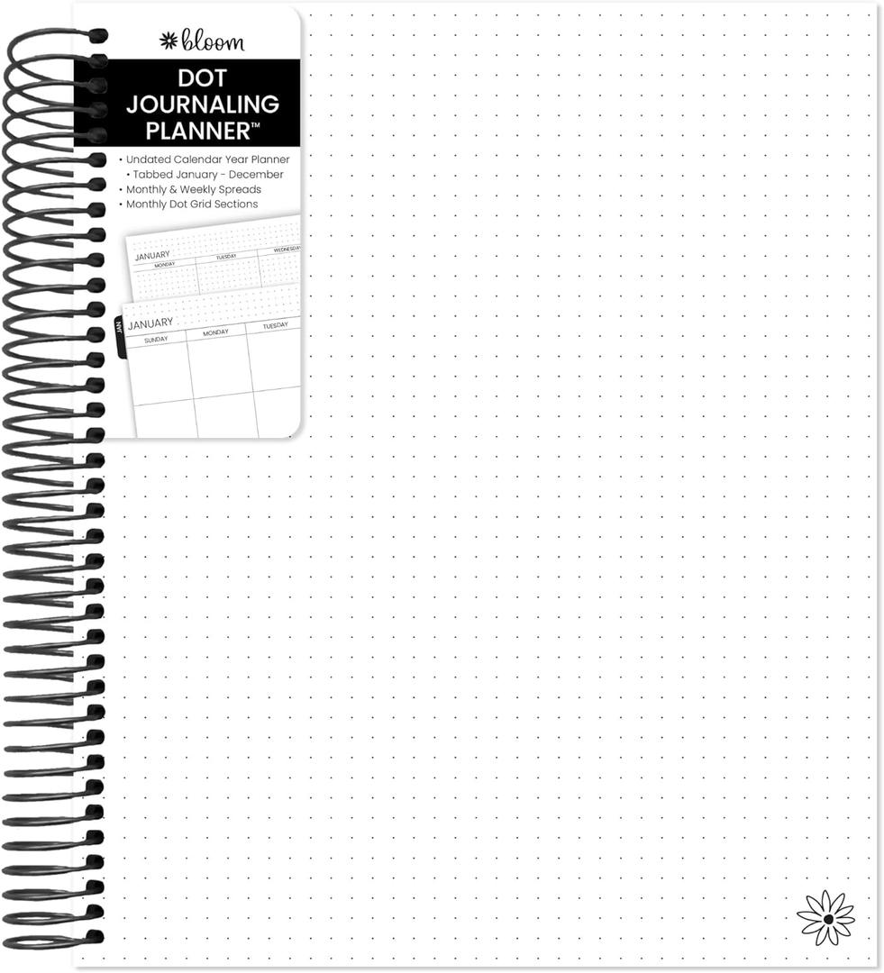 bloom daily planners Undated Dot Journaling Calendar Planner - Essential Weekly/Monthly Grid Style Agenda Book (7" x 9") - V2