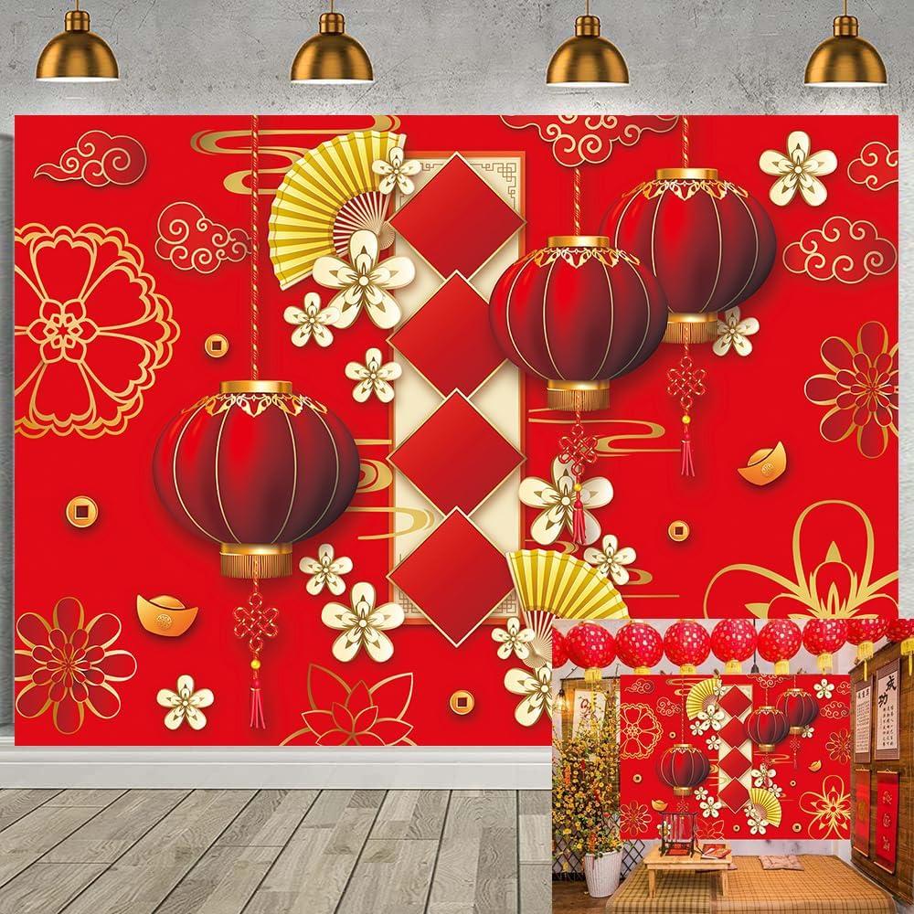 Chinese New Year Backdrop 2026 Lunar Horse Year Spring Festival Red Lantern Photography Background Chinese Lunar New Year Family Party Decoration Photo Props (82x59 inch (7x5FT))