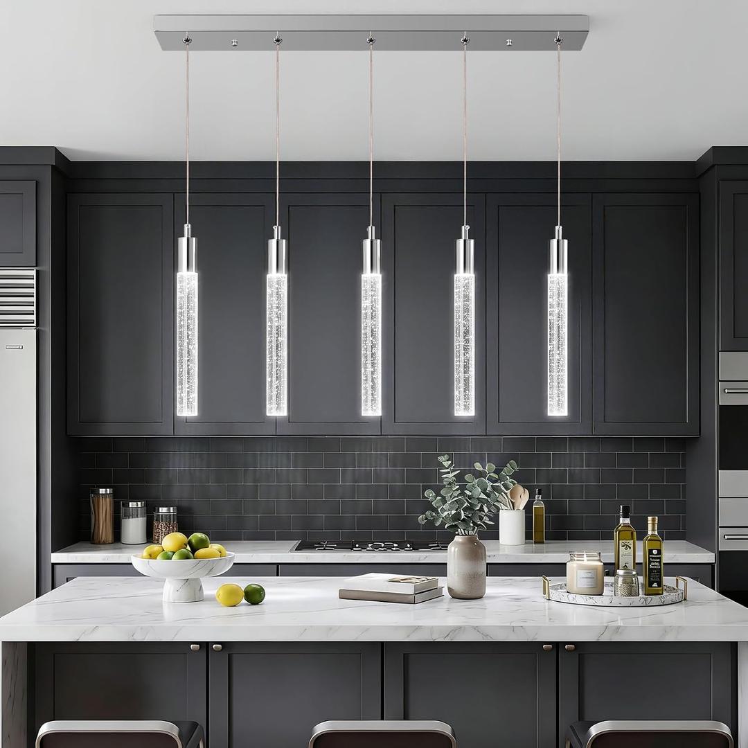 Kitchen Island Lighting Modern Light Fixture Chrome Pendant Light Dimmable LED Chrome Finish Mini Crystal Pendant Lights for Dining Room Living Room5-Light