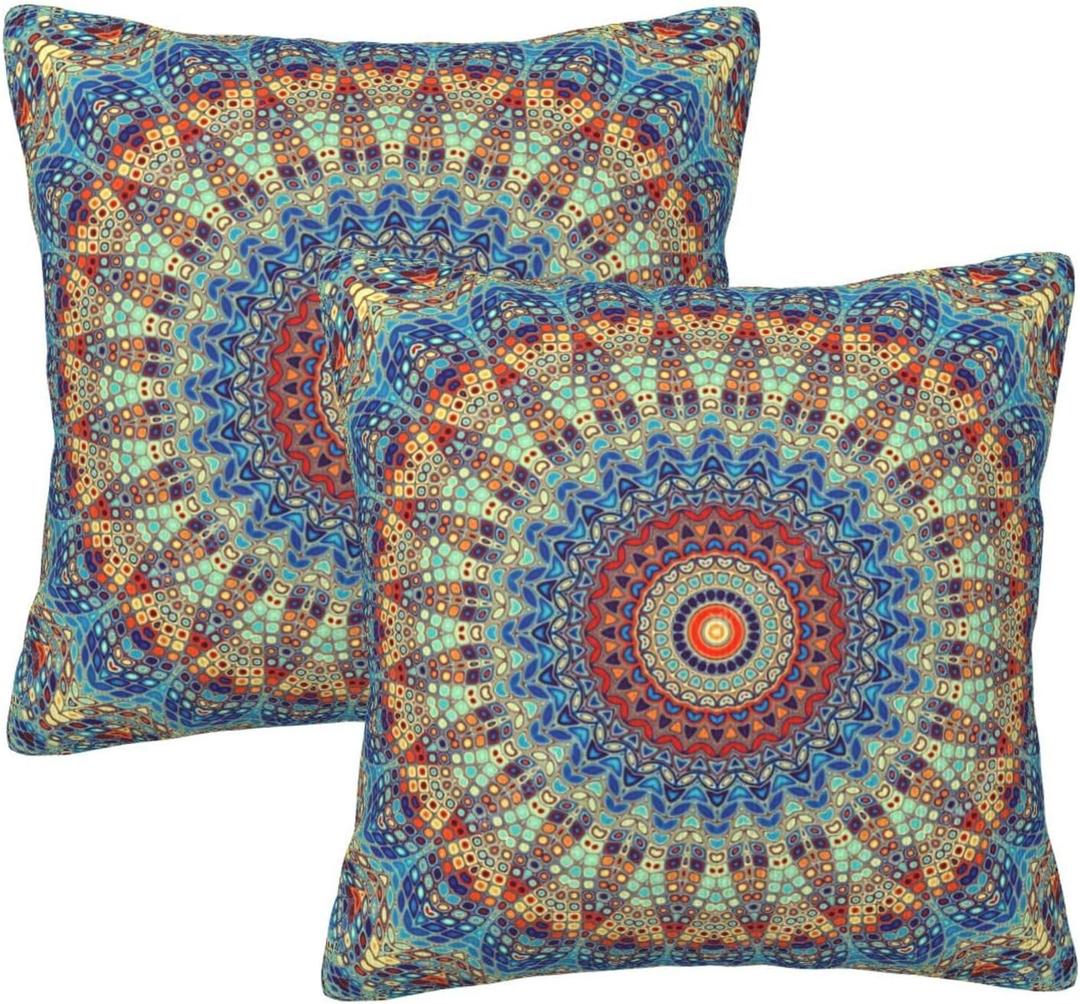 Boho Mandala Floral Throw Pillow Covers Set of 2 Navy Blue Orange Flower Pillowcases Cushion Case Square for Soft Home Decor Bed Couch Car Living Room 18x18 Inch
