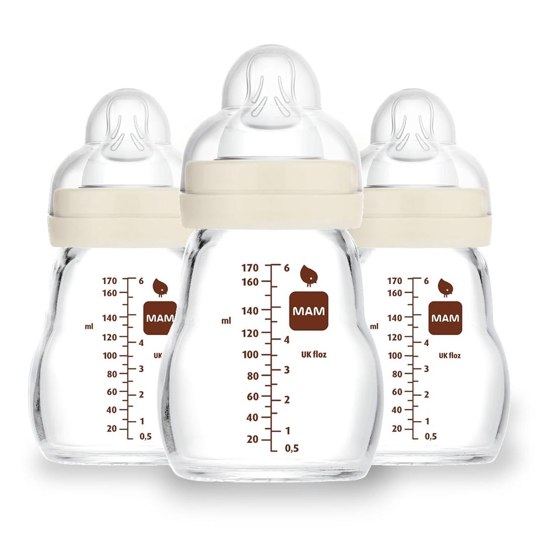 MAM Premium Glass Baby Bottles, Easy Switch Between Breast and Bottle, Feel Good Slow Flow, Newborn Essentials Must Have, 0+ Months, BPA Free, 6oz, Unisex, 3 Pack (Cotton)