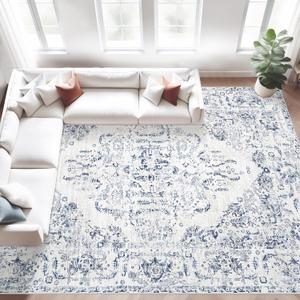 8x10 Area Rugs for Living Room: Washable Rug Vintage Large Rugs Soft Non Slip Low Pile Rug Floral Distressed Floor Carpet for Bedroom Kitchen Nursery Dining Room Home Office (Blue, 8'x10')