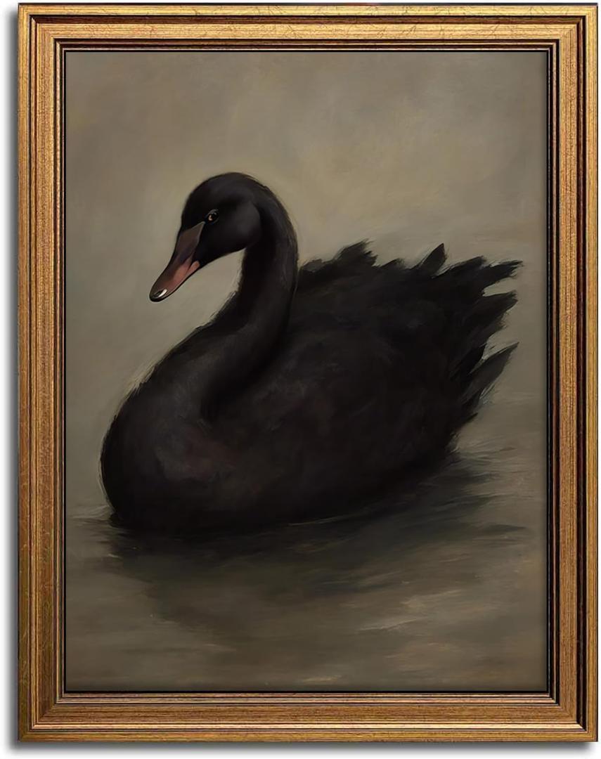 Aroutde Framed Black Swan Canvas Wall Art, Vintage Gold Frame Swan Printing, Rustic Farmhouse Animal Picture for Living Room Bedroom Bathroom Decor (10L x 8W, Framed)