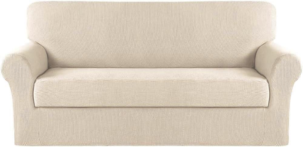Turquoize Sofa Covers Washable 2 Piece Sofa Covers for 3 Cushion Couch Sofa Slipcovers Stretch Couch Covers Slip Covers with Elastic Bottom Feature Thick Jacquard Fabric (Sofa, Biscotti Beige)