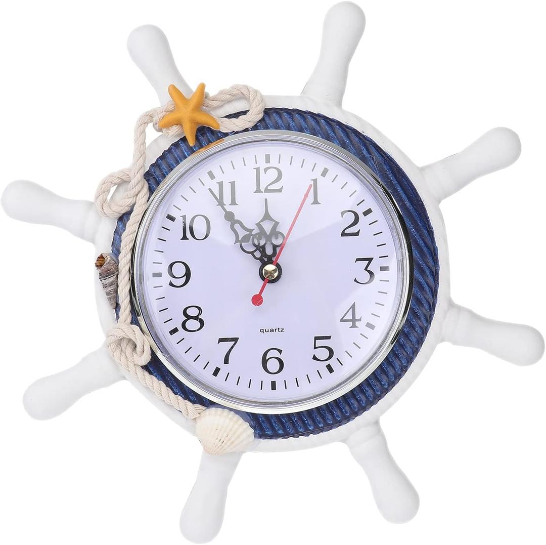 IMIKEYA Mediterranean Wall Clock Steering Wheel Nautical Silent Wall Clock Beach Sea Theme Ticking Clock with Rope Shell Decor for Bedroom Home Wall Decor Random Color