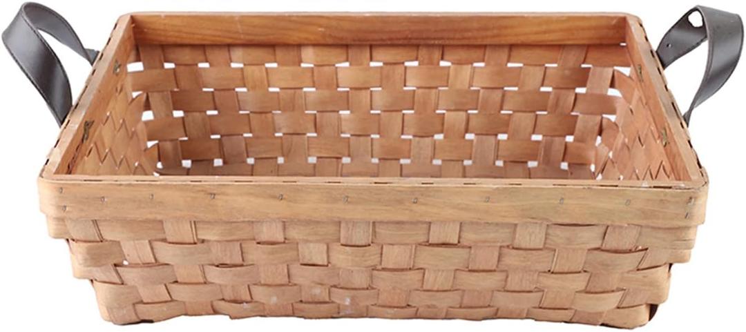 Rectangular Wooden Basket, Natural Hand Woven Storage Basket with Leather Handles for Sundries Toys Fruits (16.14"Lx12.2"Wx4.72"H, Honey)