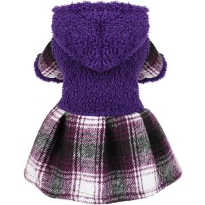 Winter Dog Dress, Cute Warm Fleece Hooded Sweater for Small Dogs Girl, Plaid Puppy Dresses Clothes Chihuahua Yorkie Cat Apparel Purple,S