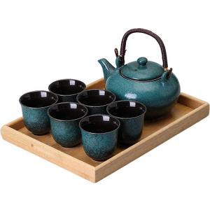 KEYDUACU Japanese Tea Set, Ceramic Tea Set, Plum Blossom Embossed, Teapot, 6 Teacups, Tea Tray, Strainer, Home, Outdoor, Gift, Chinese Kung Fu Tea Set (Pine Green)