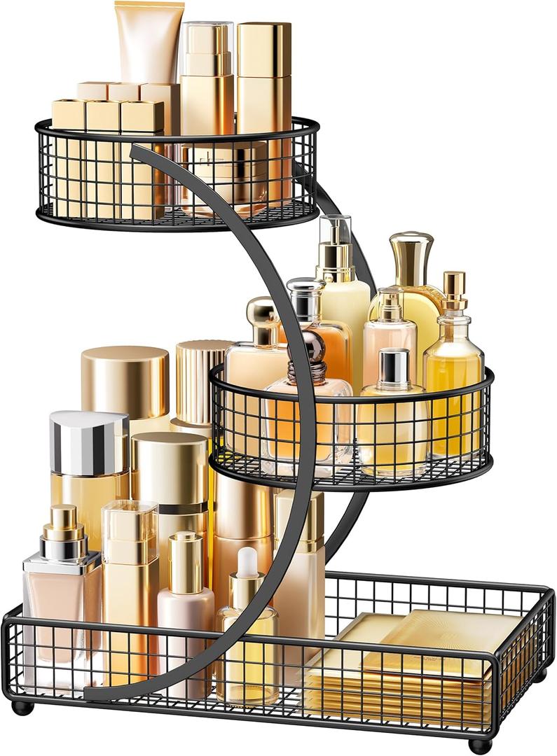 HBlife Makeup Organizer for Vanity, 3 Tier Metal Bathroom Countertop Organizers Skin Care Storage, Bathroom Counter Shelf Skincare Holder Perfume Cosmetic Display, Black