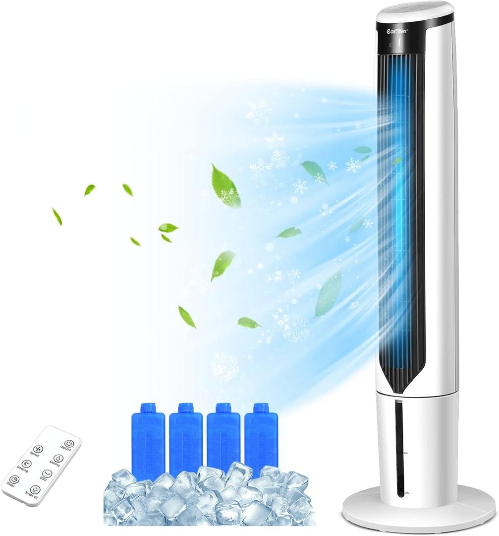 Portable Evaporative Air Cooler for Room, Quiet 41-inch Oscillating Air cooler with Remote, 3 Modes, 3 Speeds, LED Display, 9H Timer, Floor Standing Bladeless Cooler for Home Office Bedroom