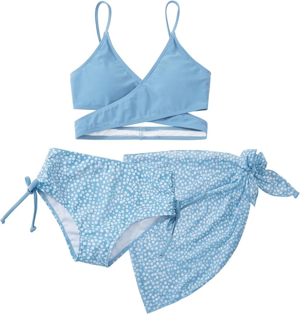 URMAGIC Girl's 3 Piece Bikini Swimsuits Printed Bathing Suit Adjustable Shoulder Straps with Cover Up, Size 12 Years (Blue)