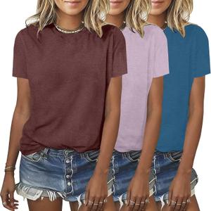 BLACKMYTH Womens 3 Pack Basic T Shirts Summer Tops 2026 Fashion Short Sleeve Comfy Casual Vacation Tees (XX-Large, Coffee Greypurple Indigo)