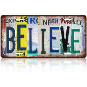 Vintage Believe License Plate Wall Decor Bar Metal Tin Sign 12 x 6 Inches
