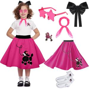 50s Girls Poodle Skirt Kids Sock Hop Outfit, Decades Day Costume - Grease Accessories Bobby Socks, Scarf & Glasses (Hot Pink, 7-10 Yrs)