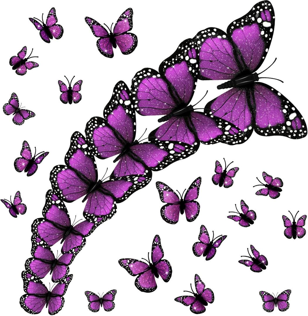4 Size Monarch Butterfly Decor Halloween Wall Decor Magnetic 3D Monarch Butterfly Decal for Craft Home Wall Wedding Bedroom Ofrenda Dia De Los Muertos Decoration(Purple,24 Pcs)