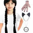 Girls Wednesday Addams Wigs with Necklace Long Black Braided Wigs for Halloween Party Costumes