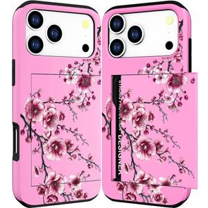 Compatible with iPhone 17 Pro Max Case Wallet Cute for Women with Design,Rugged Credit Card Holder Slot Protective Phone Skin Cases Girly Design (Pink Cherry Sakura Blossom)